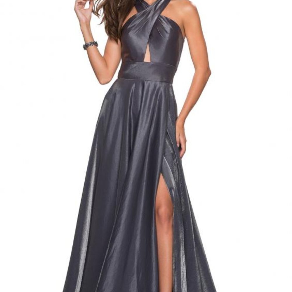NWT La Femme 27151 Satin  Prom Dress Platinum Size 4